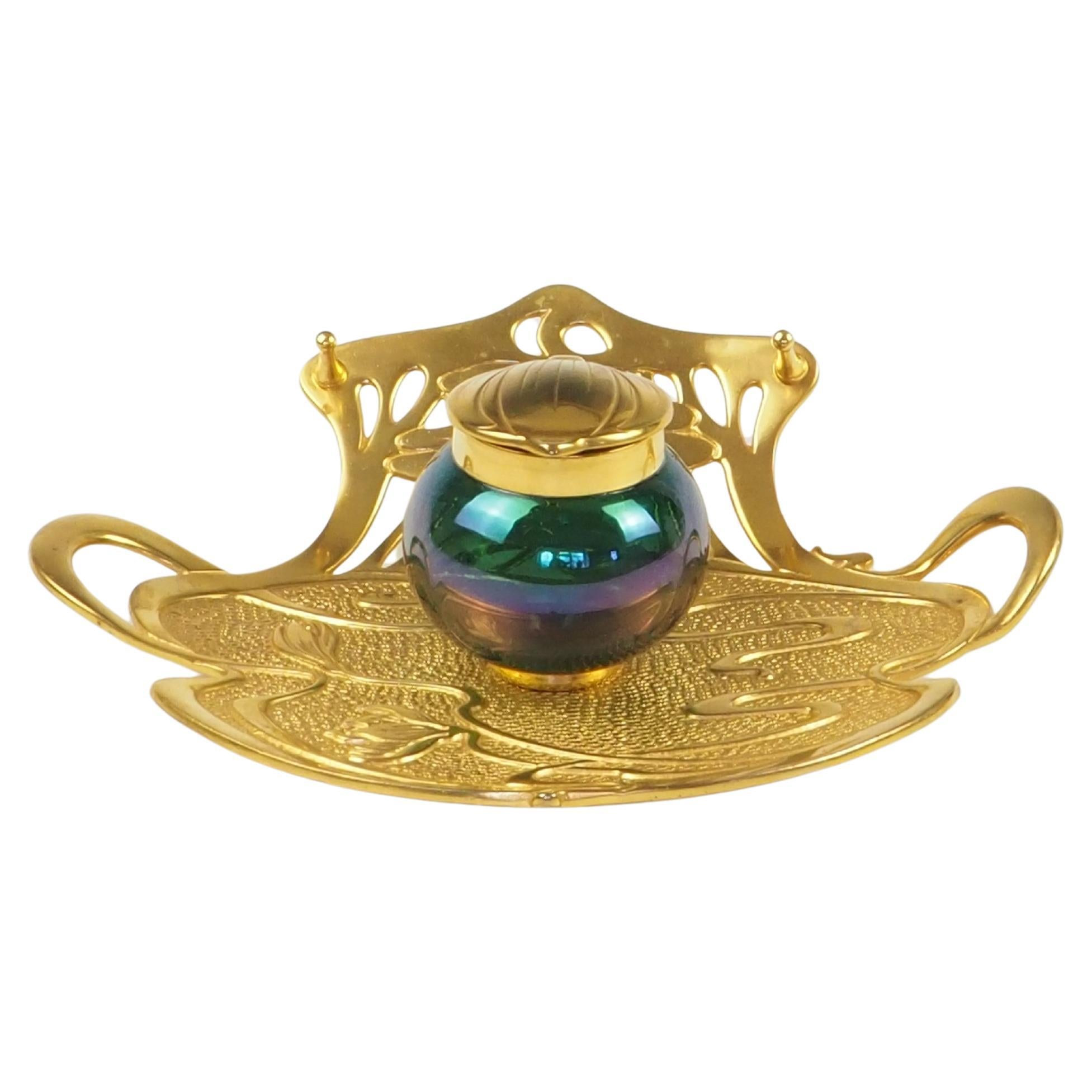 Antique Geschutzt Viennese Art Nouveau Bronze Inkwell with Art Glass