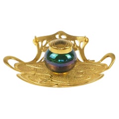 Antique Geschutzt Viennese Art Nouveau Bronze Inkwell with Art Glass