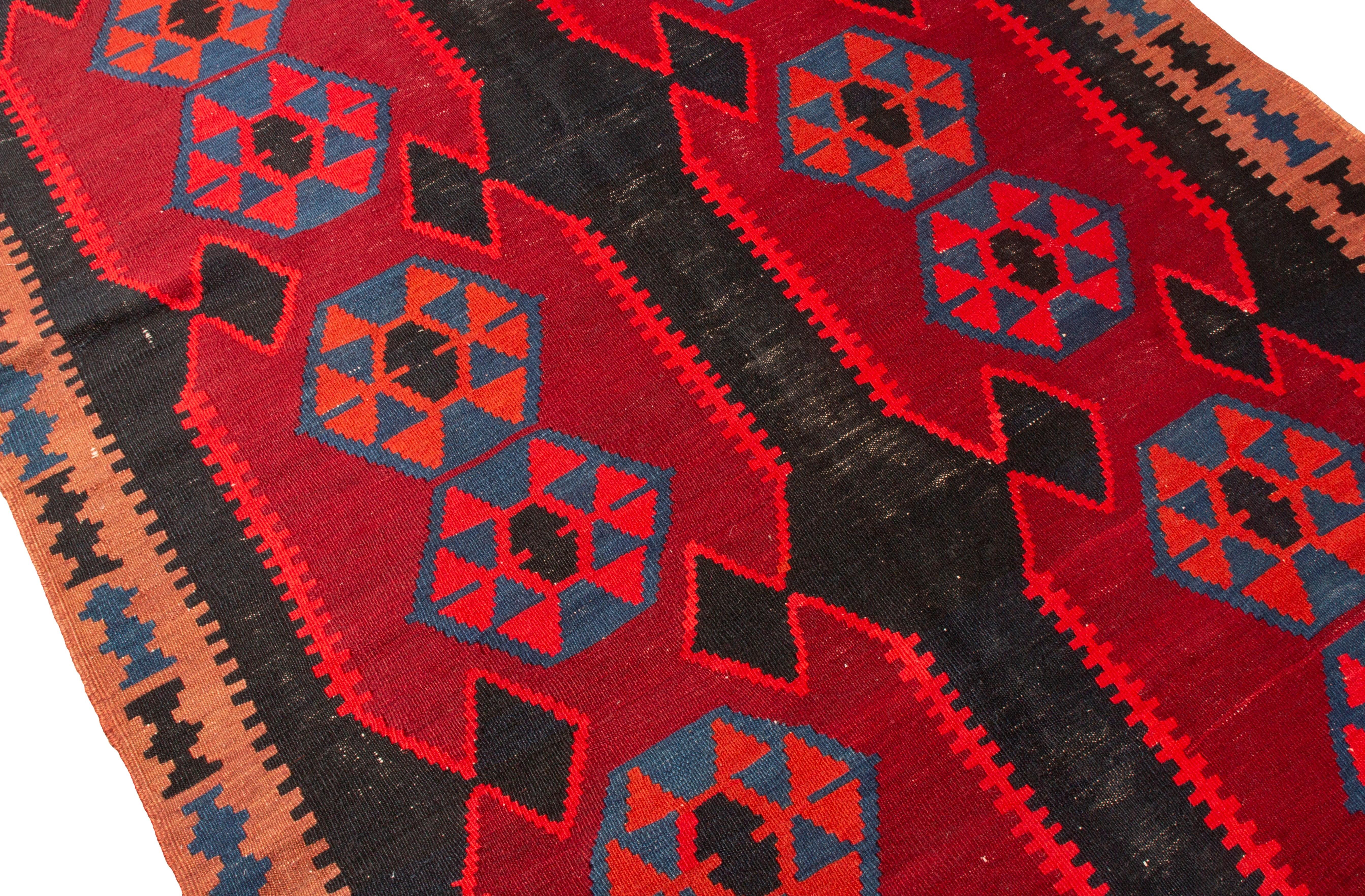 Hand-Knotted Antique Ghazvin Red and Blue Persian Wool Kilim Rug