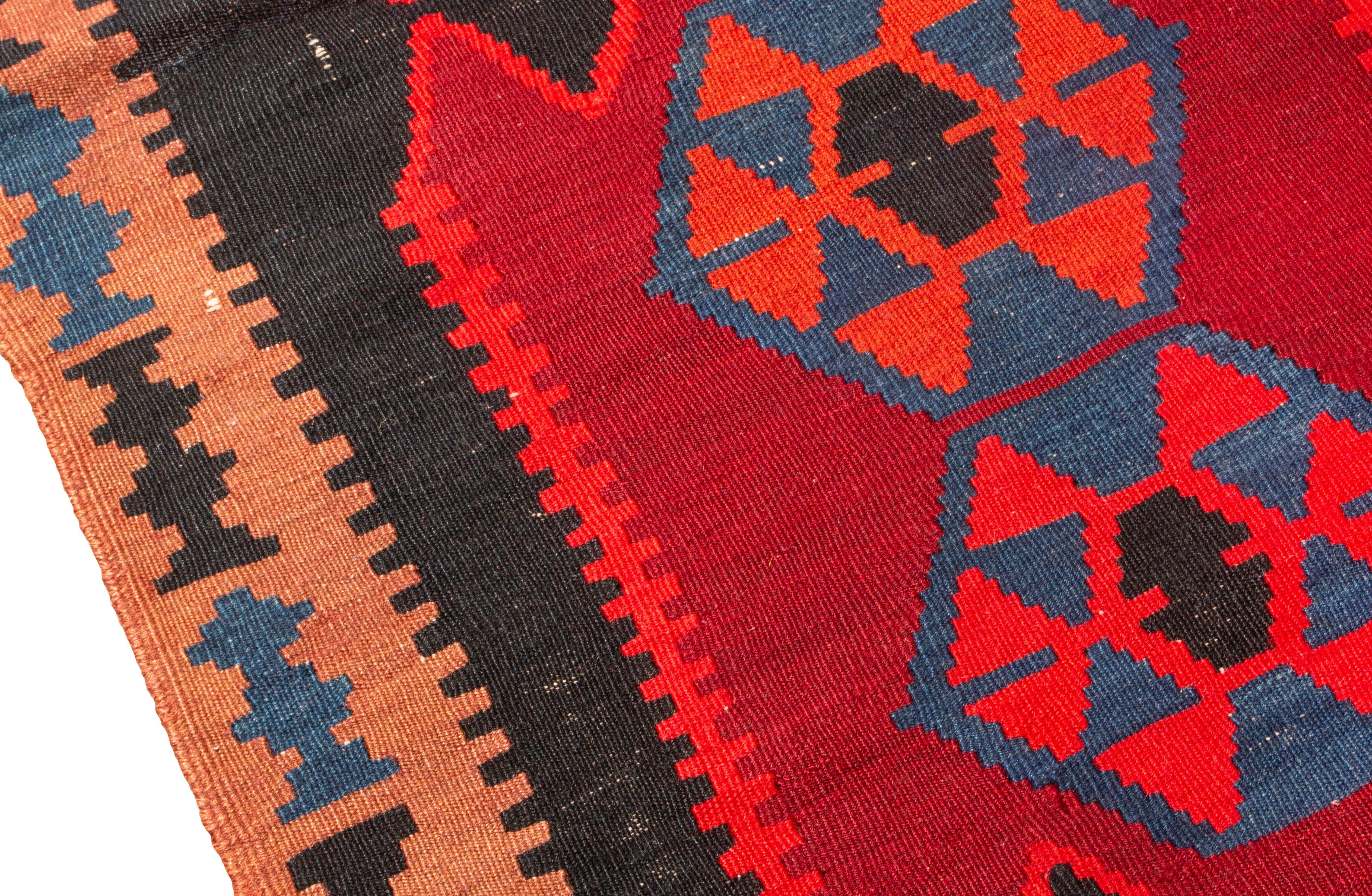 Antique Ghazvin Red and Blue Persian Wool Kilim Rug In Good Condition In Long Island City, NY