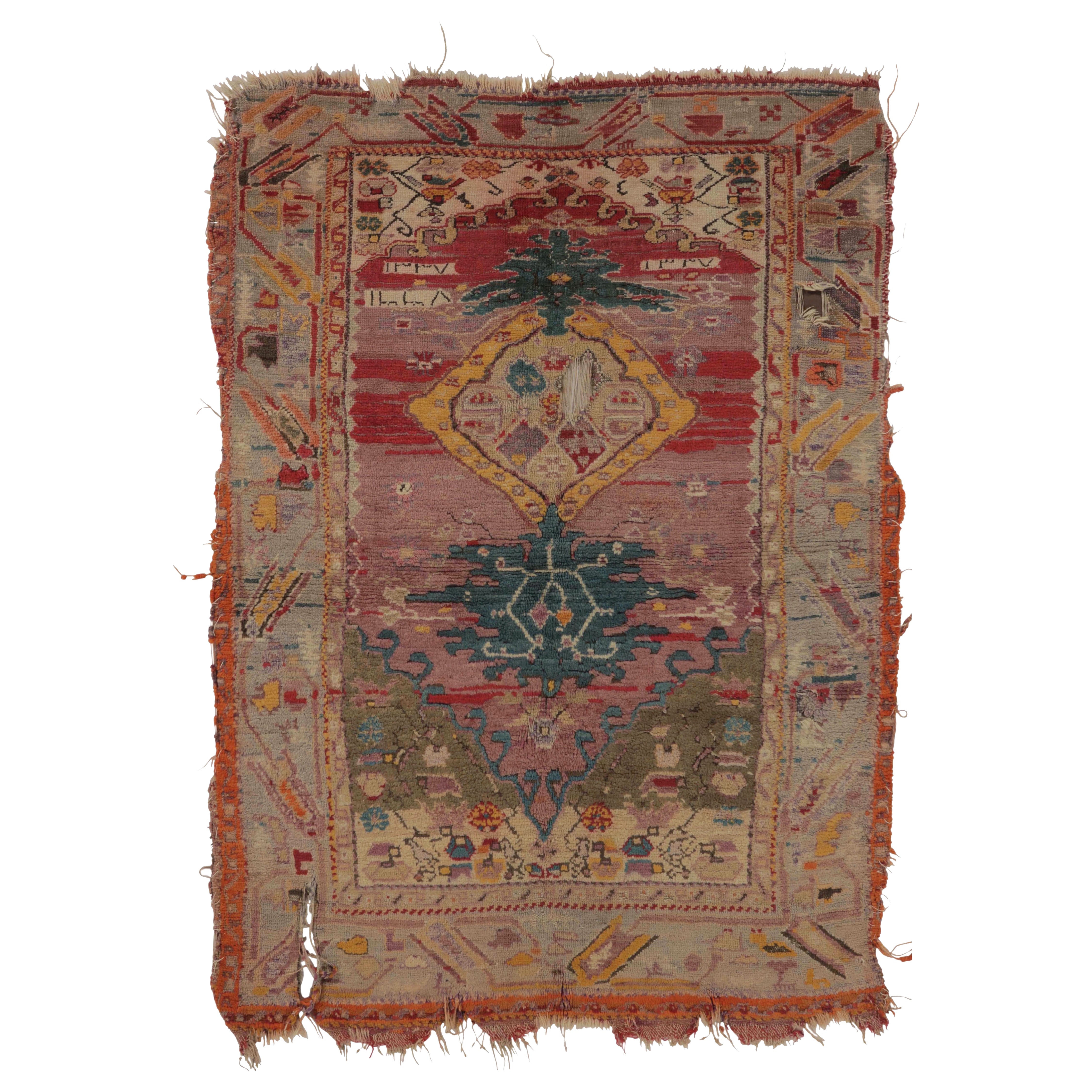 Antique Ghiordes Tapestry in BoldRuby and Sapphire Tribal Medallions-Rug 
Kilim For Sale