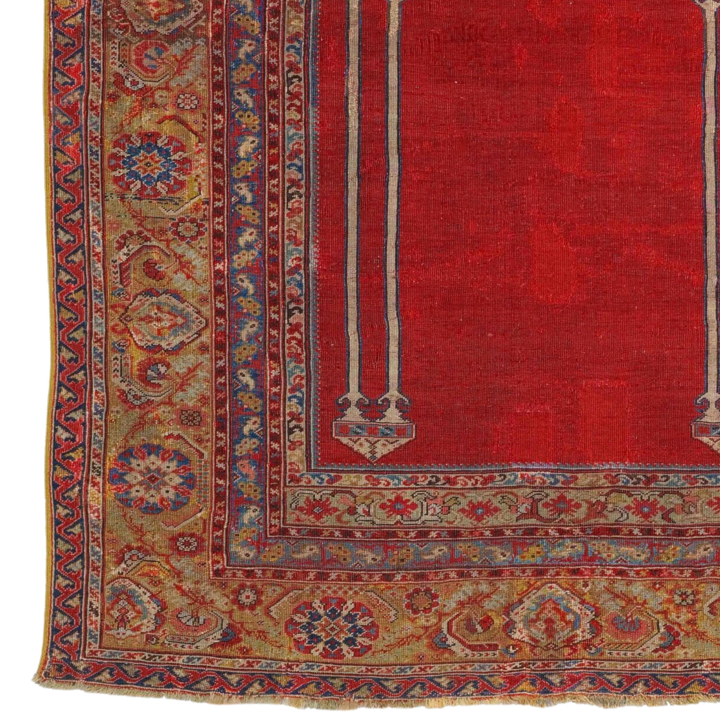 18th Century Anatolian Ghıordes Rug Size 122 x 160 cm

With ‘floating’ columns and an enlarged ‘mosque lamp’ motif dominating the red field of the mihrab, this so-called ‘Basra Ghiordes ‘ prayer rug belongs to a subgroup of 18th century red-ground