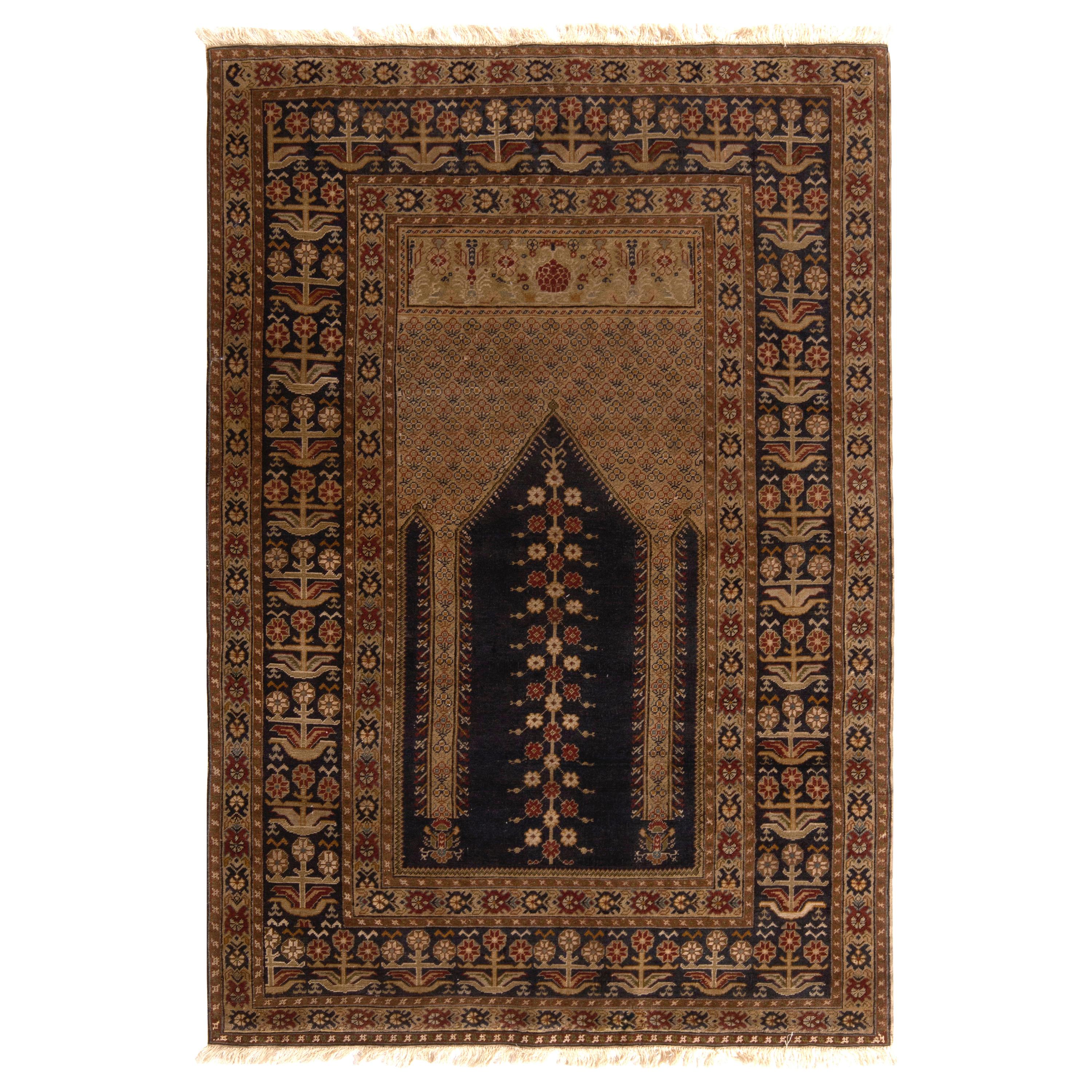 Antique Ghiordes Rug Beige-Brown & Black Geometric Mihrab Pattern by Rug & Kilim For Sale