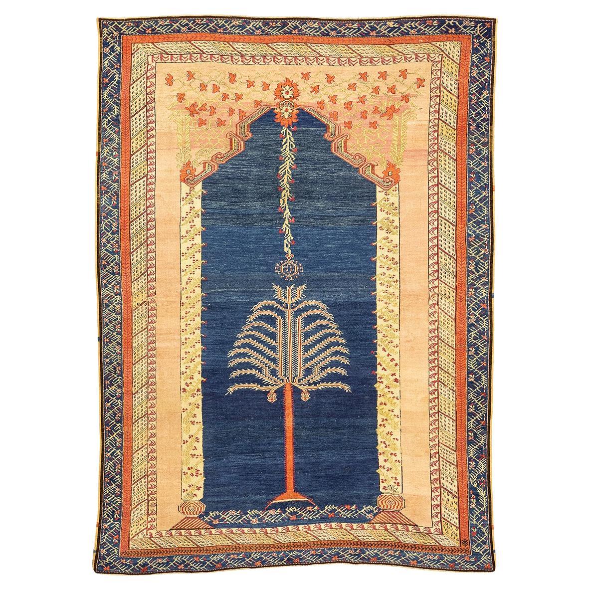 Antique Ghiordes Rug Blue Field For Sale