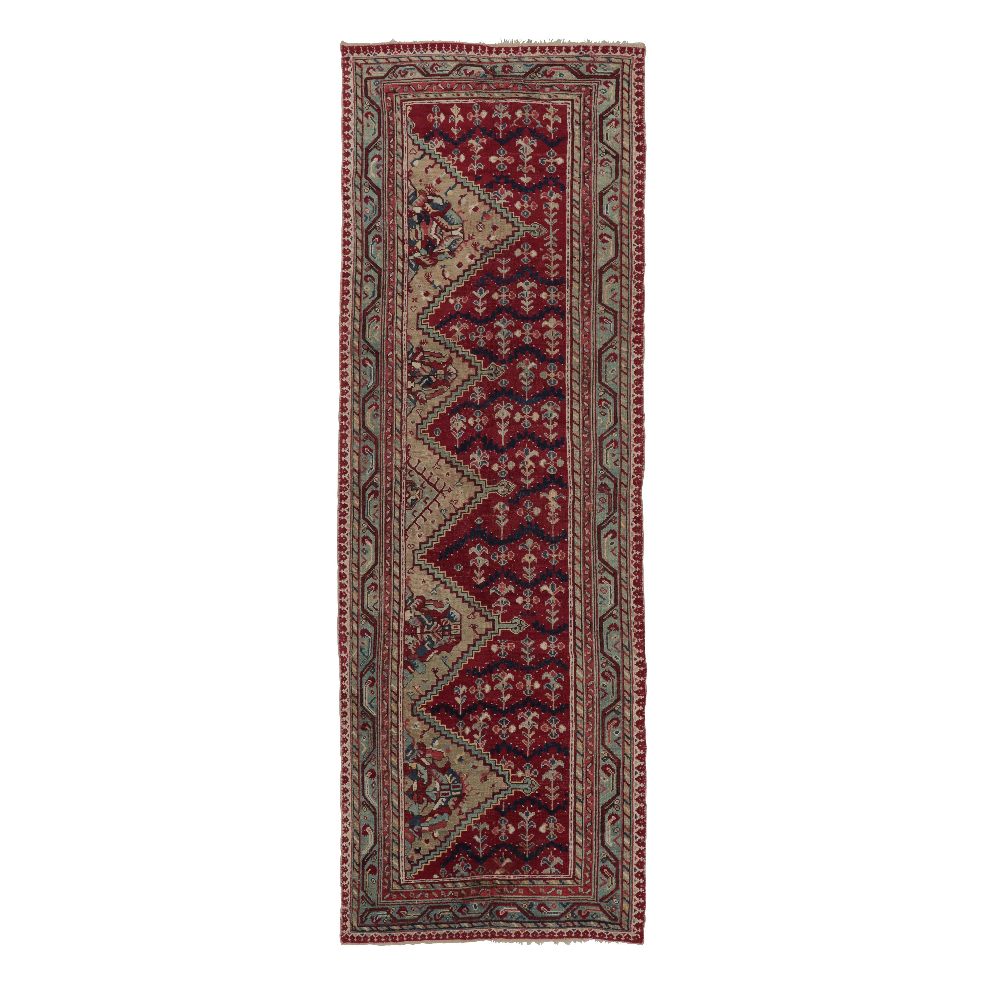 Antique Ghiordes Runner Rug, Rich Red with Dense Floral Patterns - Rug & Kilim