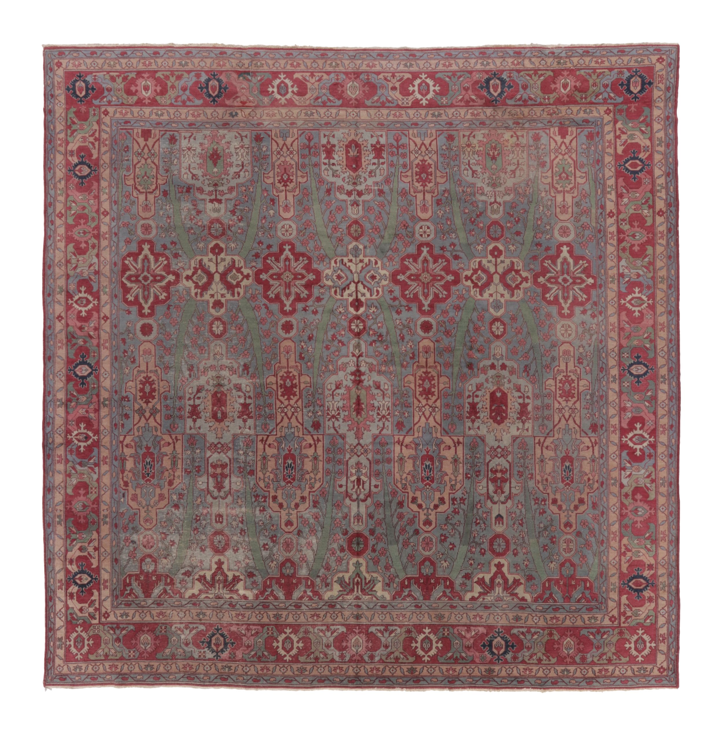 Antique Ghiordes Square Rug with Floral Lattice in Multicolour - Rug & Kilim For Sale