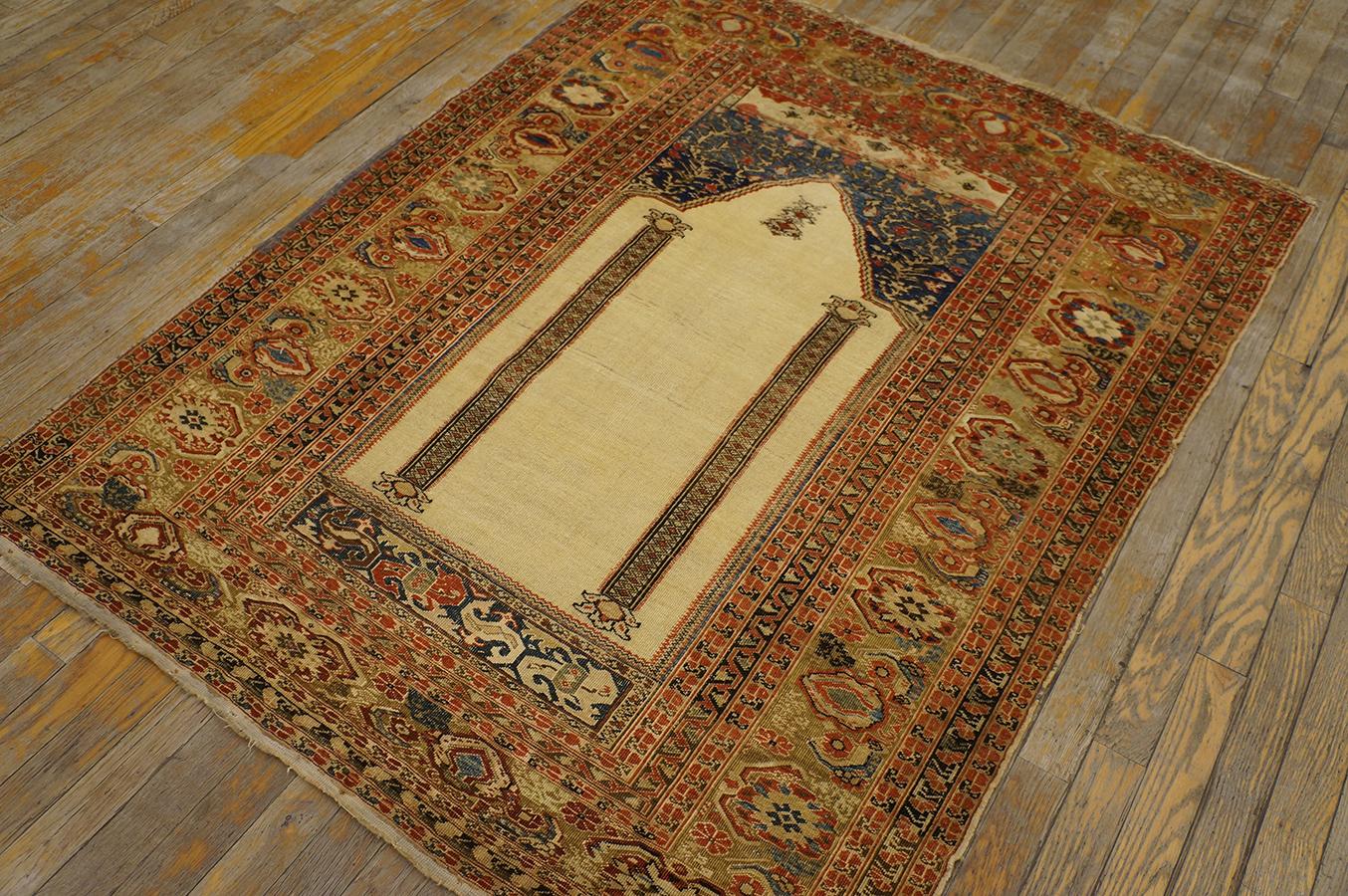 Ghiordes Prayer Rug
Western Anatolia
3’10” x 5’ – 117 x 153 cm
Mid-18th Century
Warp: wool, beige, natural, z-2-s
Weft:  wool, beige, natural, Z-1 with a few Z-2; cotton selvage wefts penetrate into rug body about 1” average
Pile: wool, z-spun; or