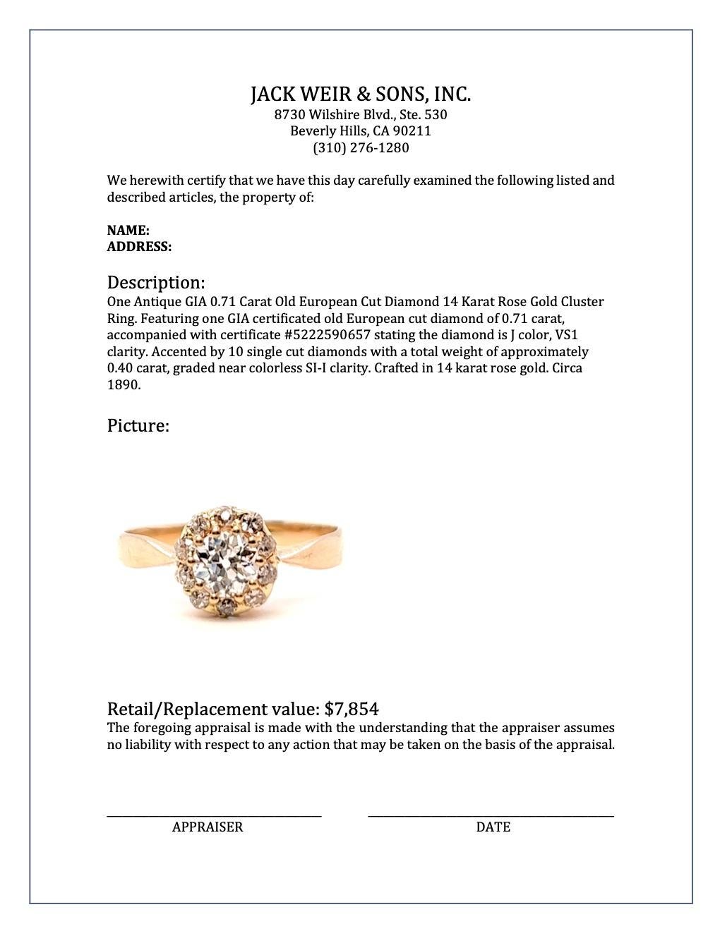 Antique GIA 0.71 Carat Old European Cut Diamond 14 Karat Rose Gold Cluster Ring For Sale 3