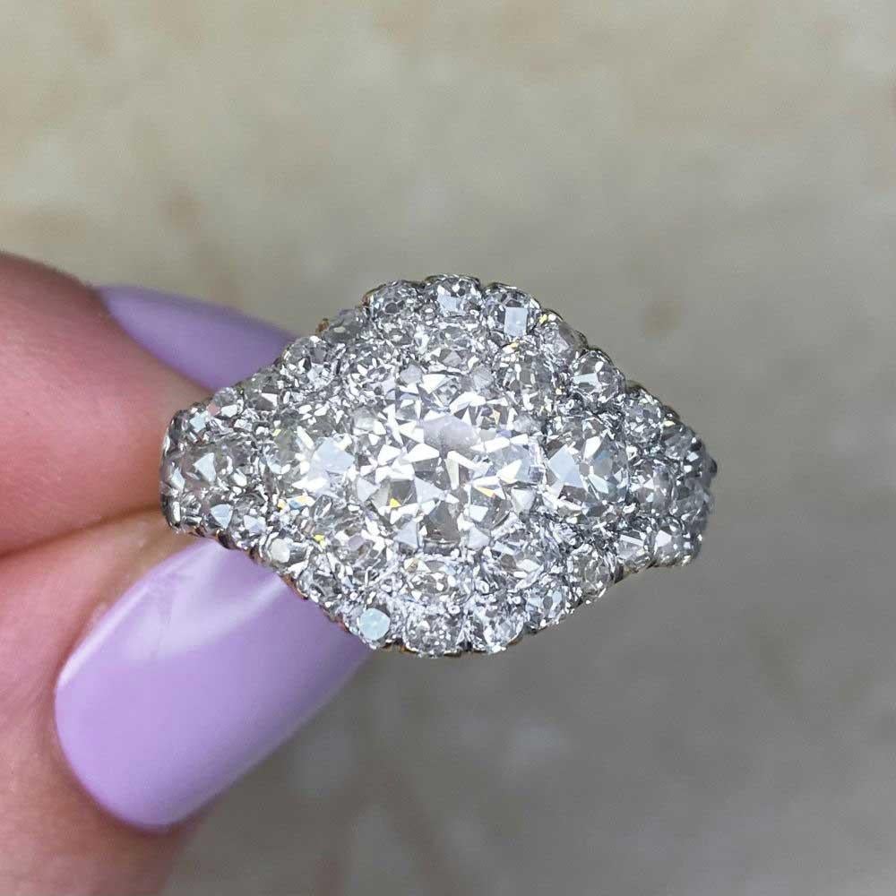 Antique GIA 0.76ct Old European Cut Diamond Cluster Ring, 18k Yellow Gold For Sale 5