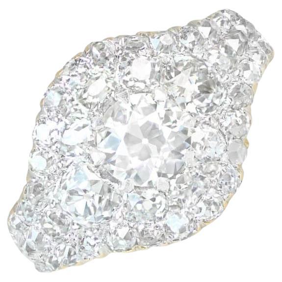 Antique GIA 0.76ct Old European Cut Diamond Cluster Ring, 18k Yellow Gold For Sale