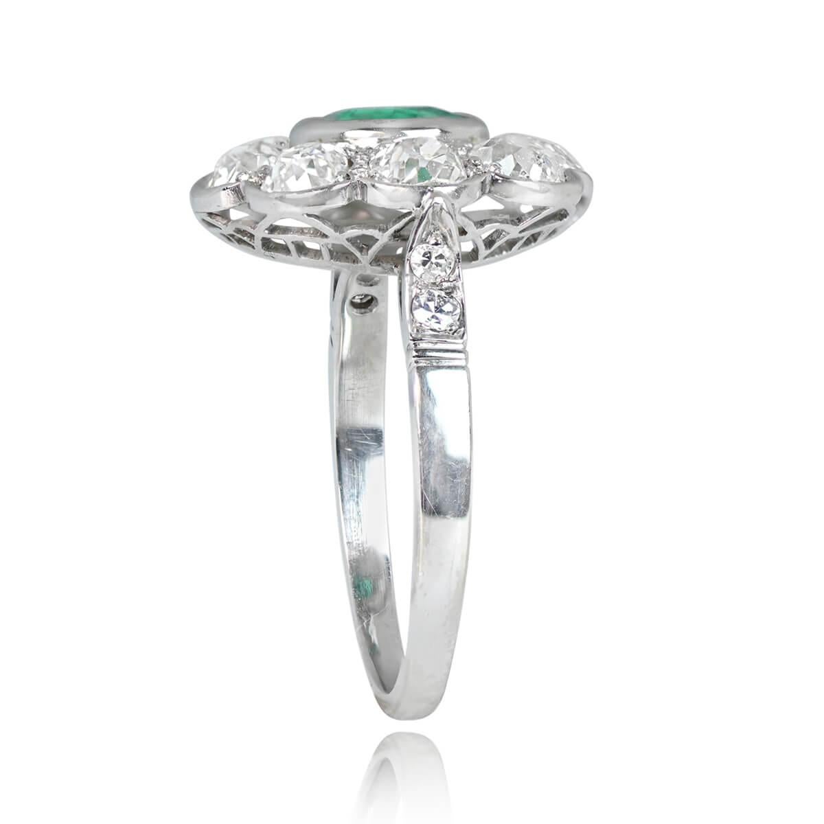 Edwardian Antique GIA 1.00ct Colombian Emerald Cluscter Ring, Diamond Halo, Platinum