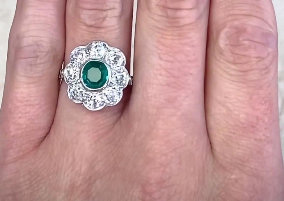 Oval Cut Antique GIA 1.00ct Colombian Emerald Cluscter Ring, Diamond Halo, Platinum