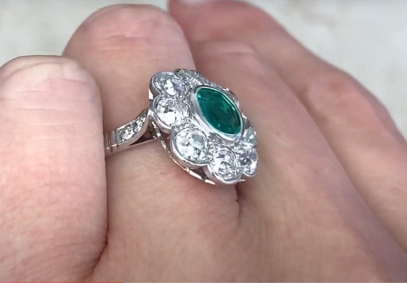 Antique GIA 1.00ct Colombian Emerald Cluscter Ring, Diamond Halo, Platinum In Excellent Condition In New York, NY
