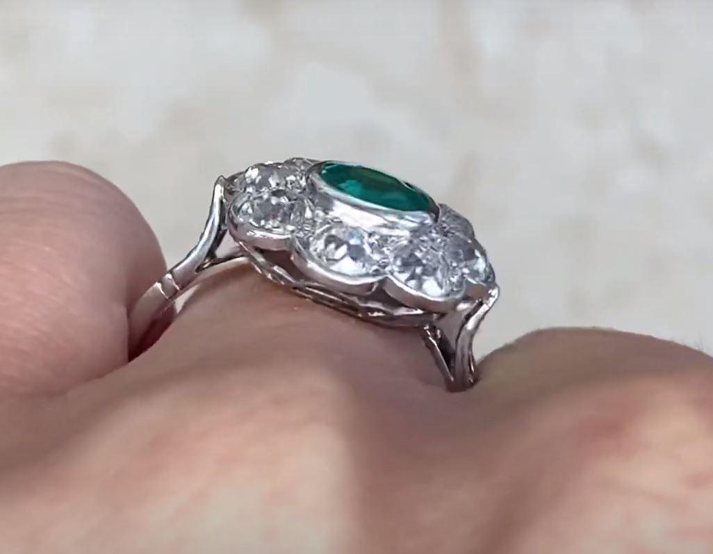 Women's Antique GIA 1.00ct Colombian Emerald Cluscter Ring, Diamond Halo, Platinum