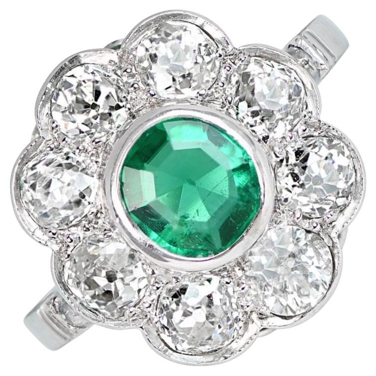 Antique GIA 1.00ct Colombian Emerald Cluscter Ring, Diamond Halo, Platinum
