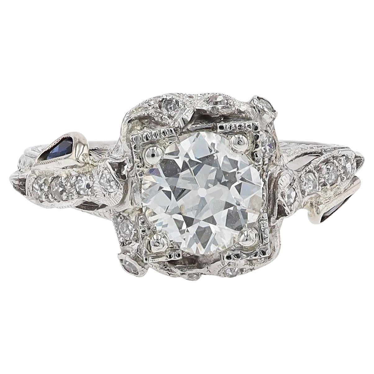 Antique GIA 1.10 Ct Old European Diamond Deco Platinum Engagement Ring For Sale