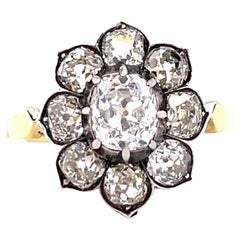 Antique GIA 1.13 Carat Old Mine Cut Diamond 18 Karat Gold Flower Cluster Ring