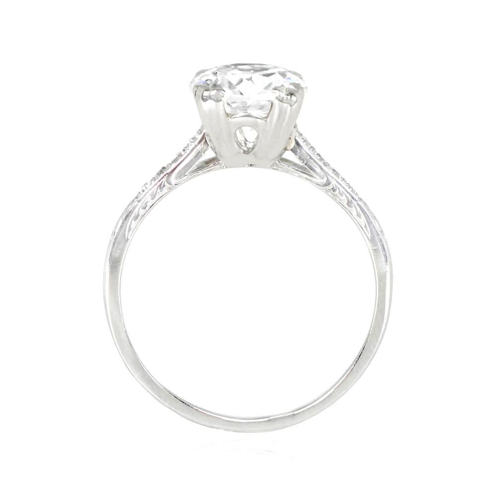 Antique platinum engagement ring with 1.64-carat GIA-certified old European cut diamond, K color, VS1 clarity. Single cut diamonds accent the shoulders, hand engravings add character. Total diamond weight approx. 0.10 carats. Handcrafted in