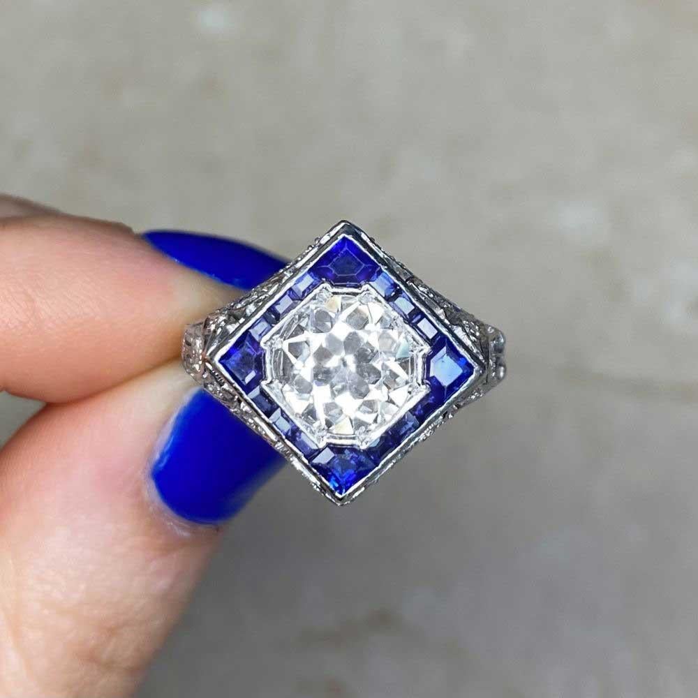Antique GIA 1.69ct Old Euro-Cut Diamond Engagement Ring, H Color, Sapphire Halo For Sale 4
