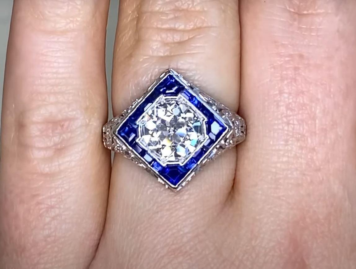 Antique GIA 1.69ct Old Euro-Cut Diamond Engagement Ring, H Color, Sapphire Halo In Excellent Condition For Sale In New York, NY