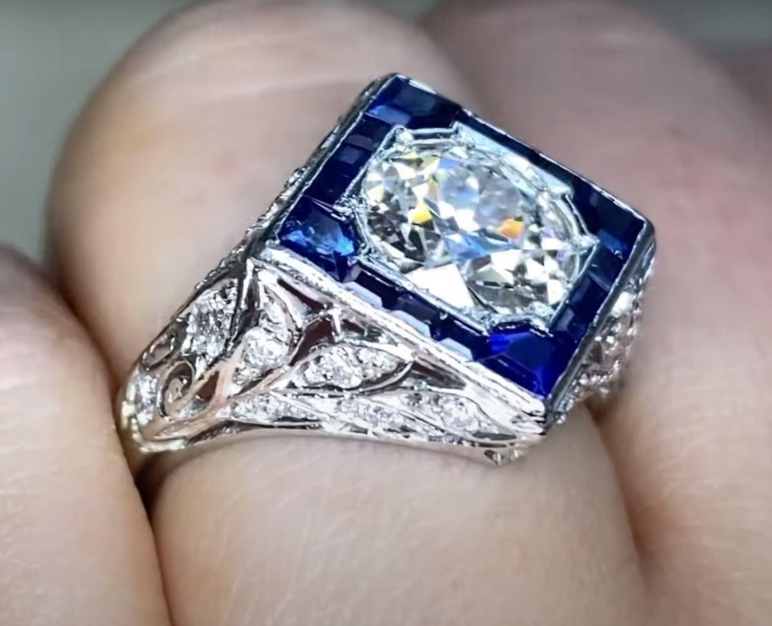 Antiquities GIA 1.69ct Old Euro-Cut Diamond Engagement Ring, H Color, Sapphire Halo Pour femmes en vente