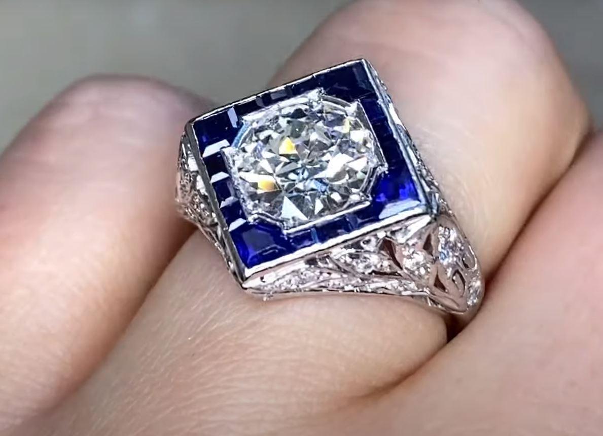 Antique GIA 1.69ct Old Euro-Cut Diamond Engagement Ring, H Color, Sapphire Halo For Sale 1
