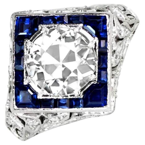 Antiquities GIA 1.69ct Old Euro-Cut Diamond Engagement Ring, H Color, Sapphire Halo