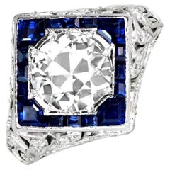 Antique GIA 1.69ct Old Euro-Cut Diamond Engagement Ring, H Color, Sapphire Halo