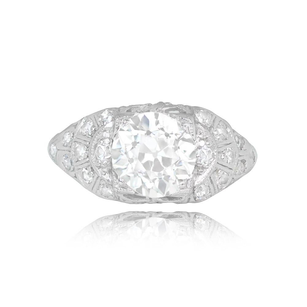 An Art Deco ring with a GIA-certified 1.71-carat old European cut diamond (J color, SI2 clarity). The platinum setting is adorned with approximately 0.15 carats of single-cut diamonds. This antique ring dates back to circa 1920.



Ring Size: 5 US,