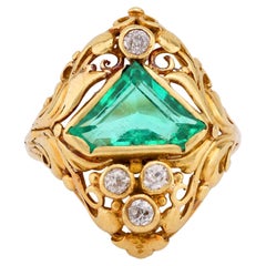 Antique GIA 1.95 Carat Shield Cut Emerald Diamond 18K Yellow Gold Scroll Ring