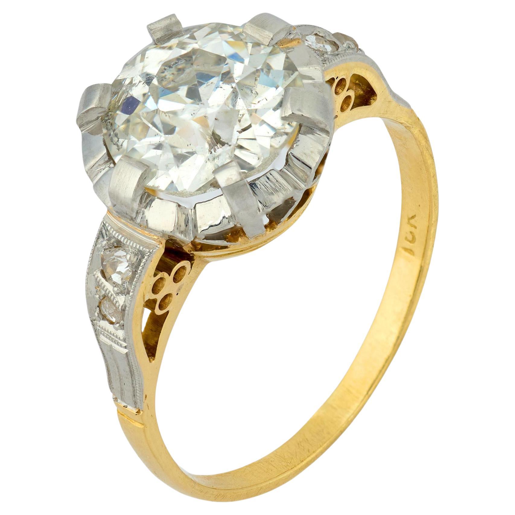 Antique GIA 2.04 carat old European cut diamond 18k yellow gold platinum ring For Sale