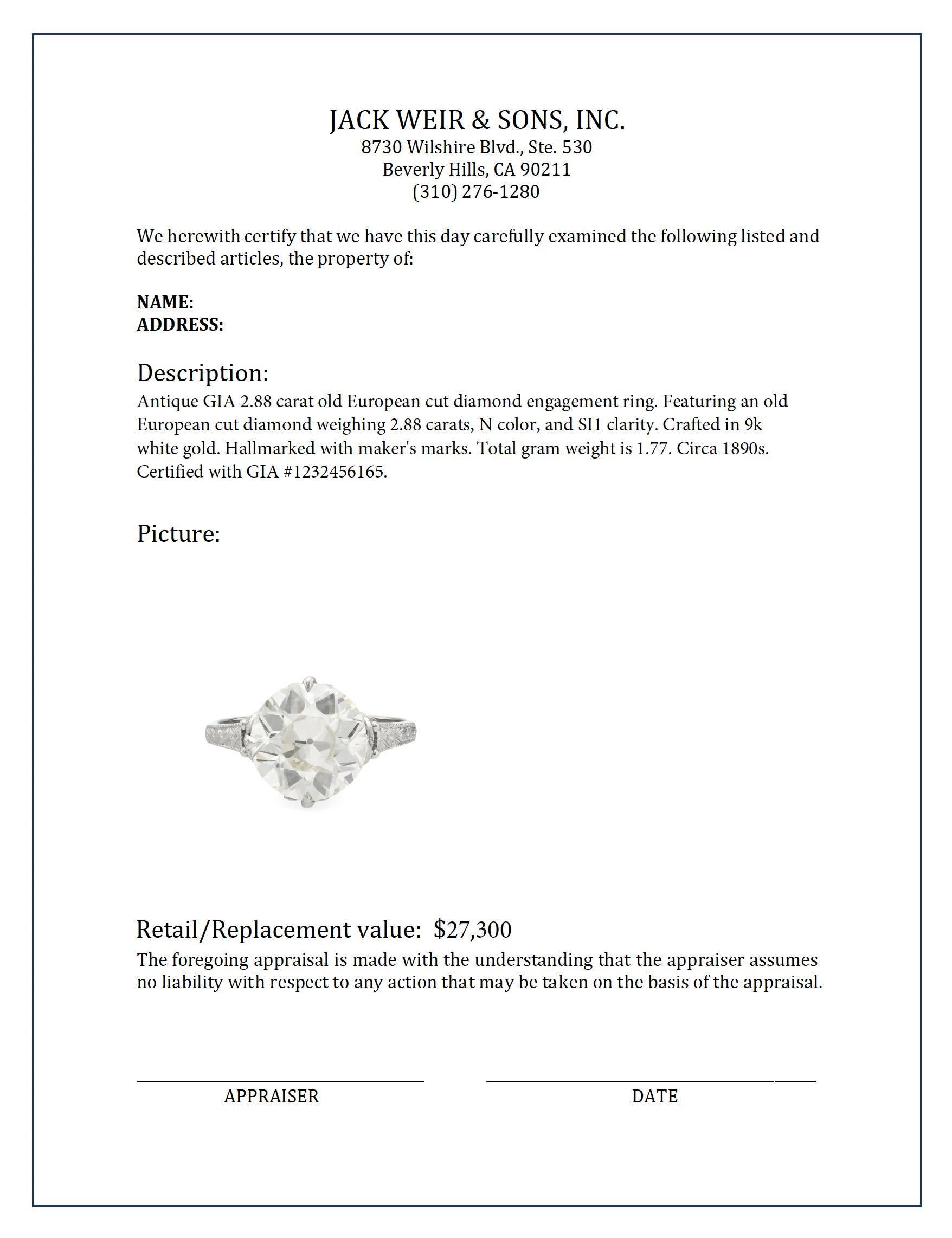 Women's or Men's Antique GIA 2.88 carat old European cut diamond 9k white gold engagement ring