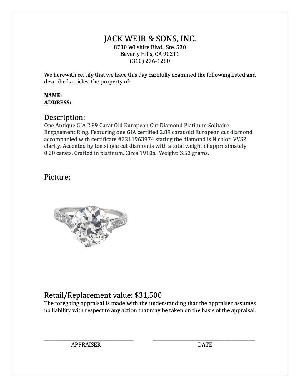 Antique GIA 2.89 Carat Old European Cut Diamond Platinum Engagement Ring 3