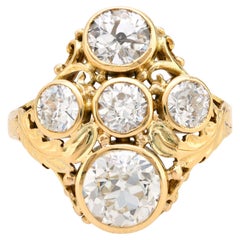 Antico anello con cinque pietre in oro giallo 14k con diamante GIA da 3,40 carati di peso totale