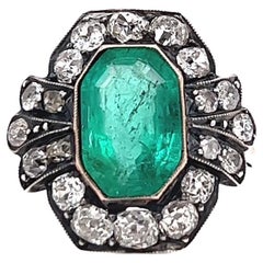 Antique GIA 3.41 Carat Colombian Emerald Diamond 14 Karat Rose Gold Silver Ring