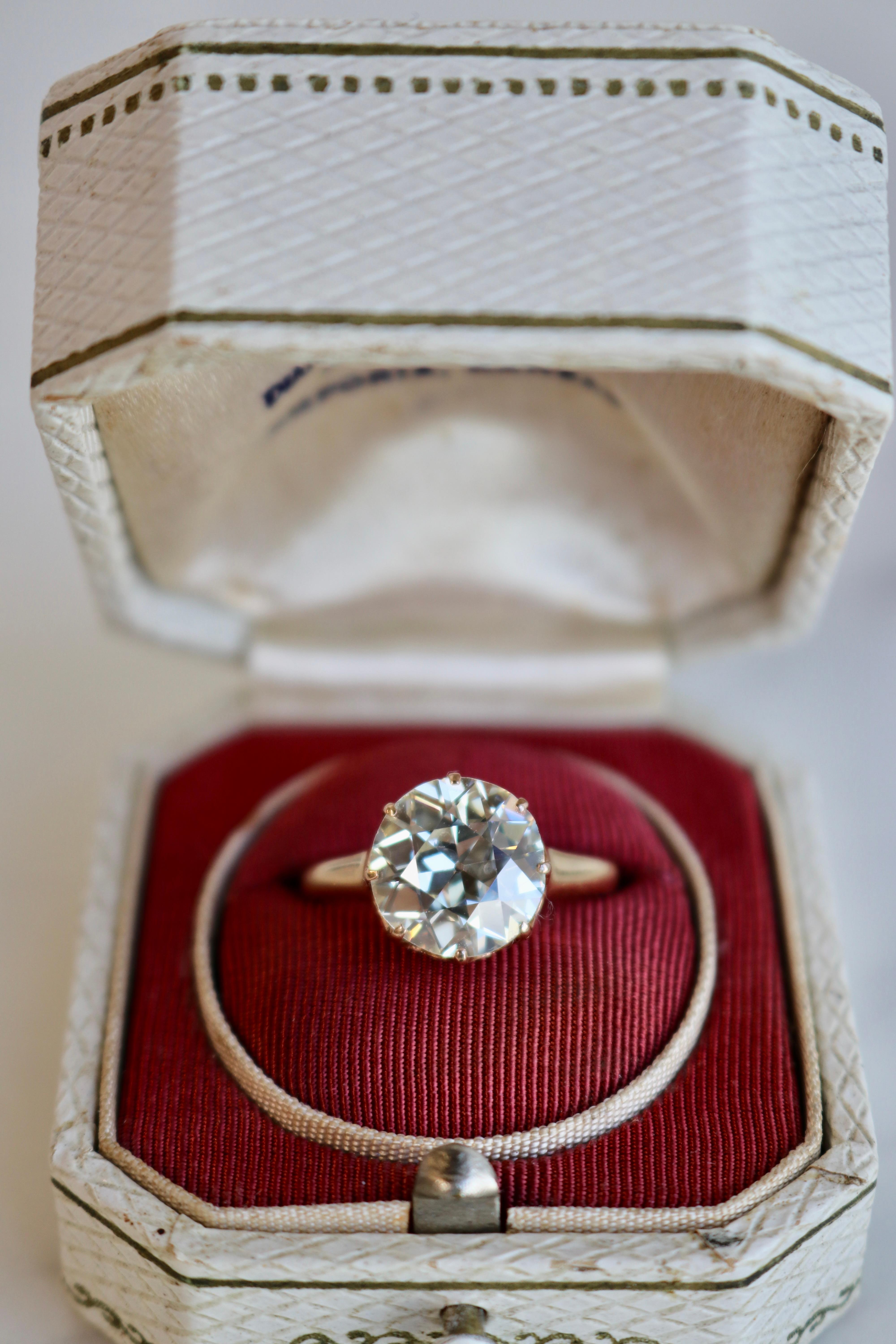 Antique GIA 3.63 Carat Old European Cut Diamond 14k Antique Gold Solitaire Ring For Sale 2