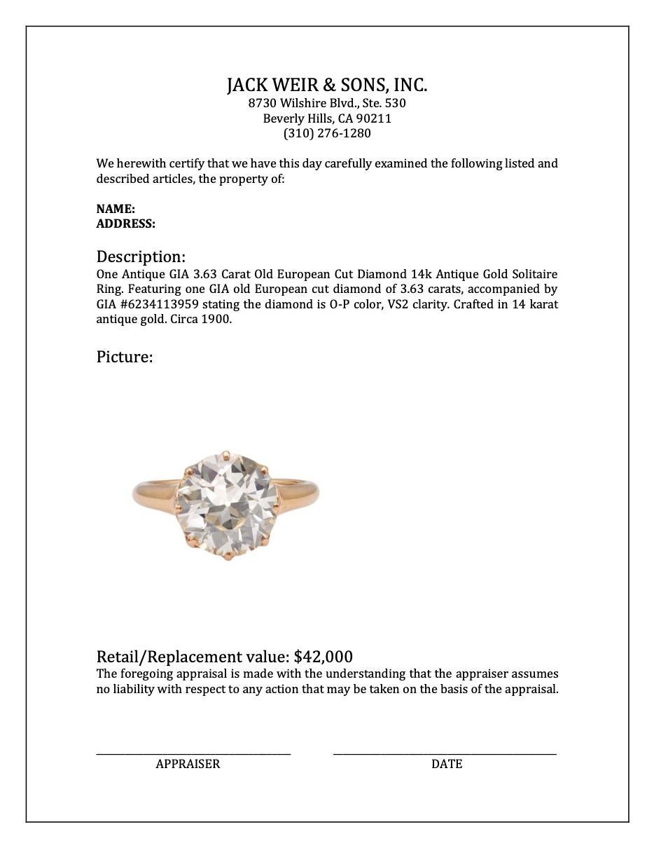 Antiker GIA 3,63 Karat Diamant im alteuropäischen Schliff 14k Antike Gold Solitär-Ring im Angebot 3