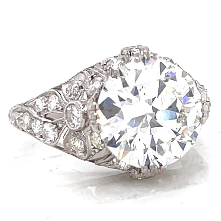 Antique GIA 3.65 Carat Old European Cut Diamond Platinum Engagement Ring In Excellent Condition In Beverly Hills, CA