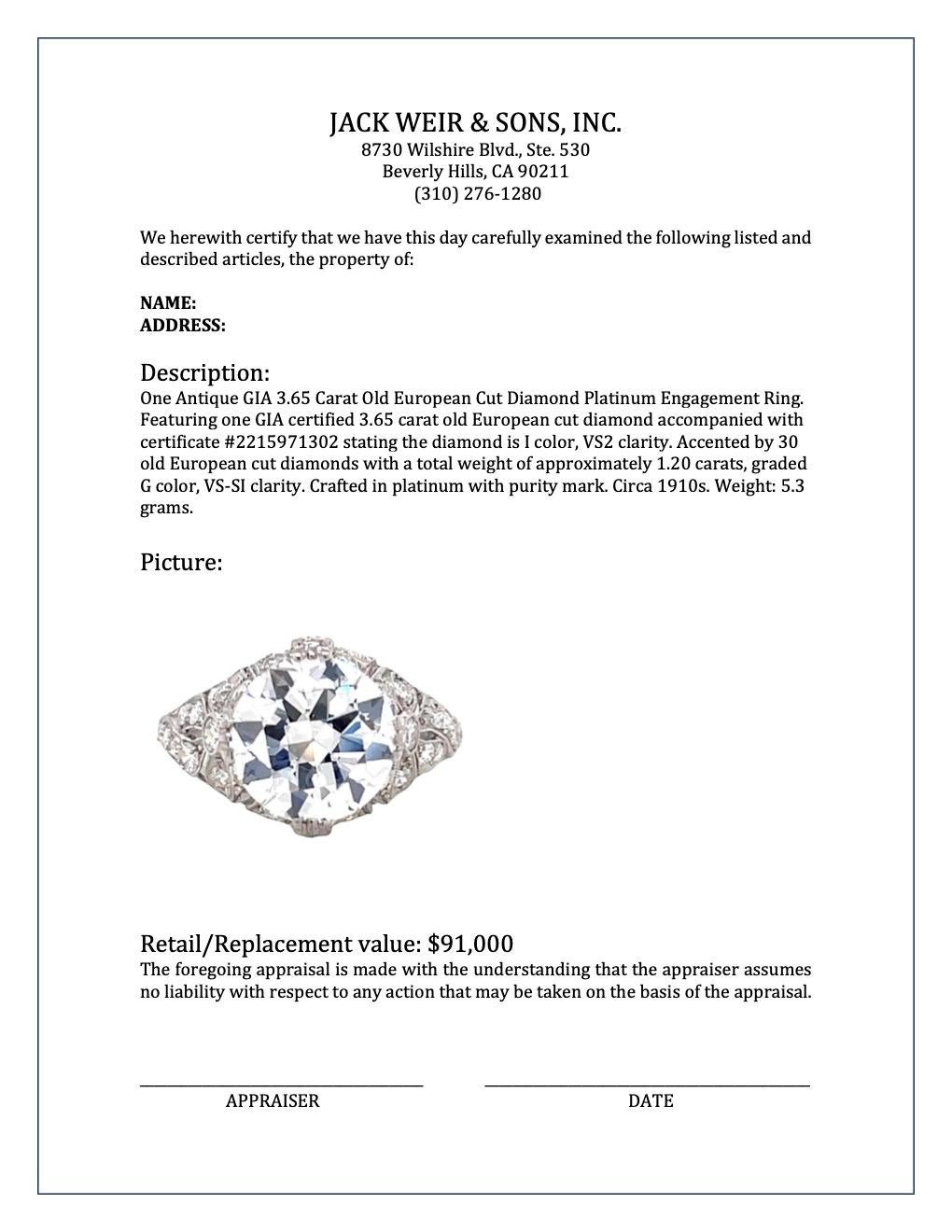 Antique GIA 3.65 Carat Old European Cut Diamond Platinum Engagement Ring 3
