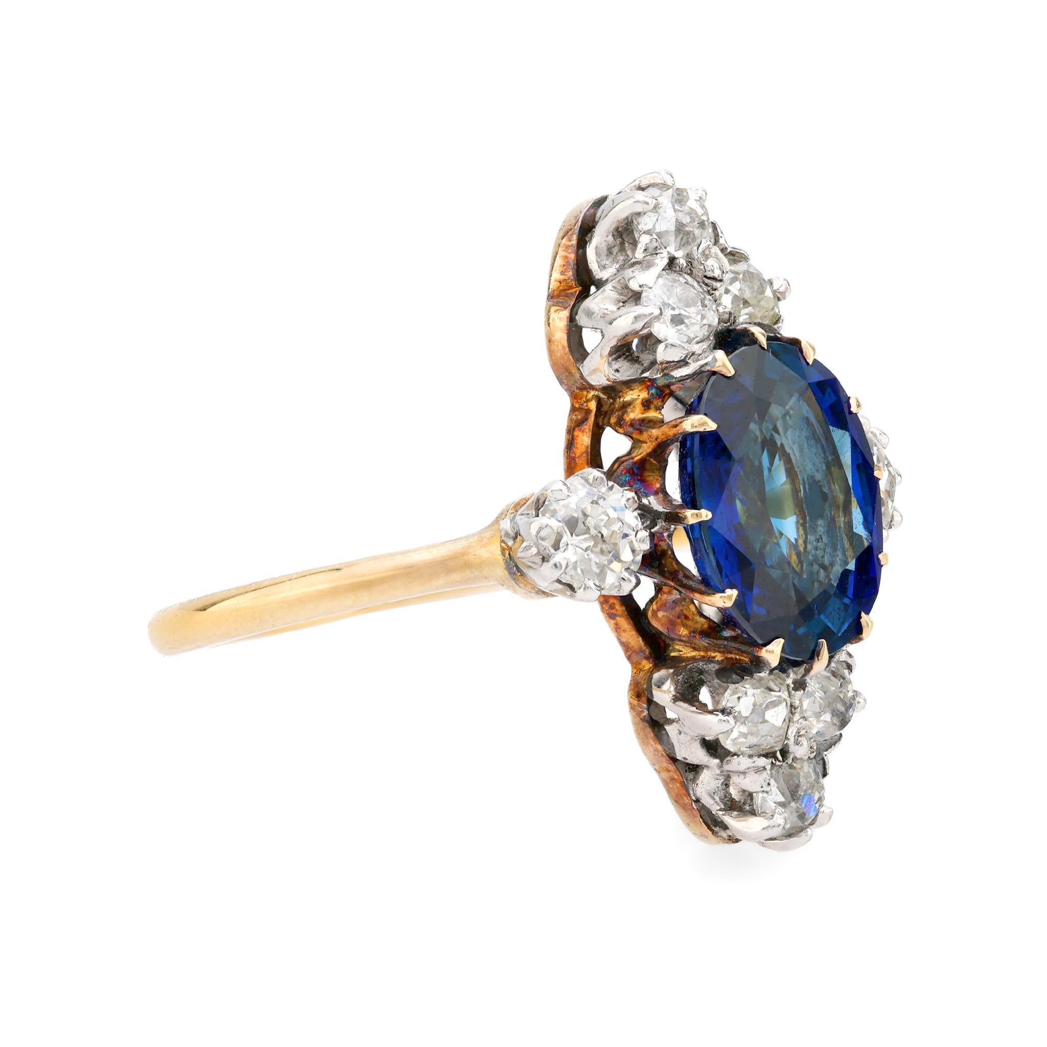 Antiker GIA 4 Karat Saphir-Diamant-Cocktailring aus 18k Gelbgold (Viktorianisch)