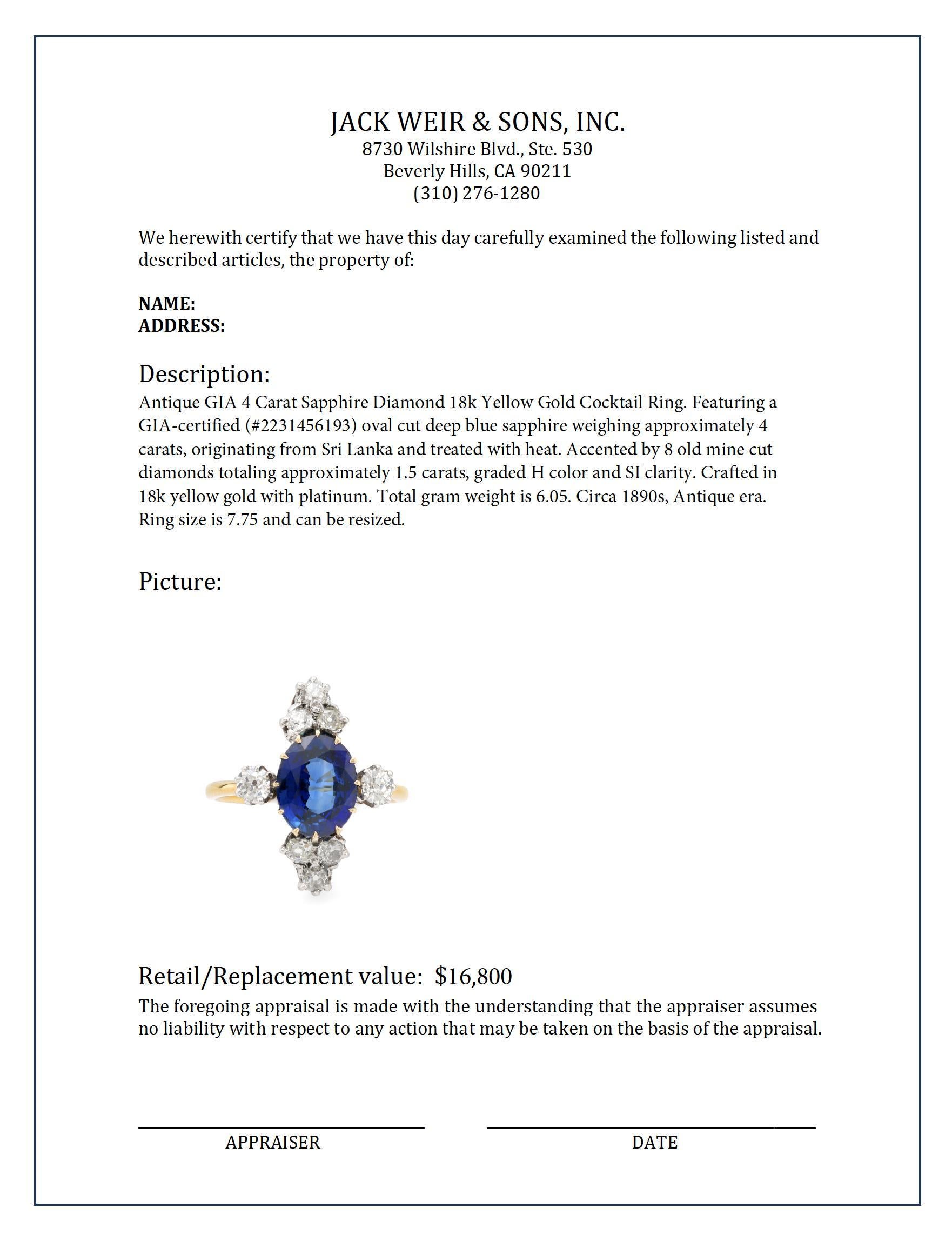 Antiker GIA 4 Karat Saphir-Diamant-Cocktailring aus 18k Gelbgold im Zustand „Hervorragend“ in Beverly Hills, CA