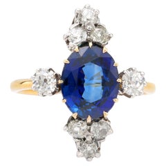 Antique GIA 4 carat sapphire diamond 18k yellow gold cocktail ring