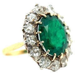 Antique GIA 4.00 Carat Colombian Emerald Diamond 18K Yellow Gold Cluster Ring