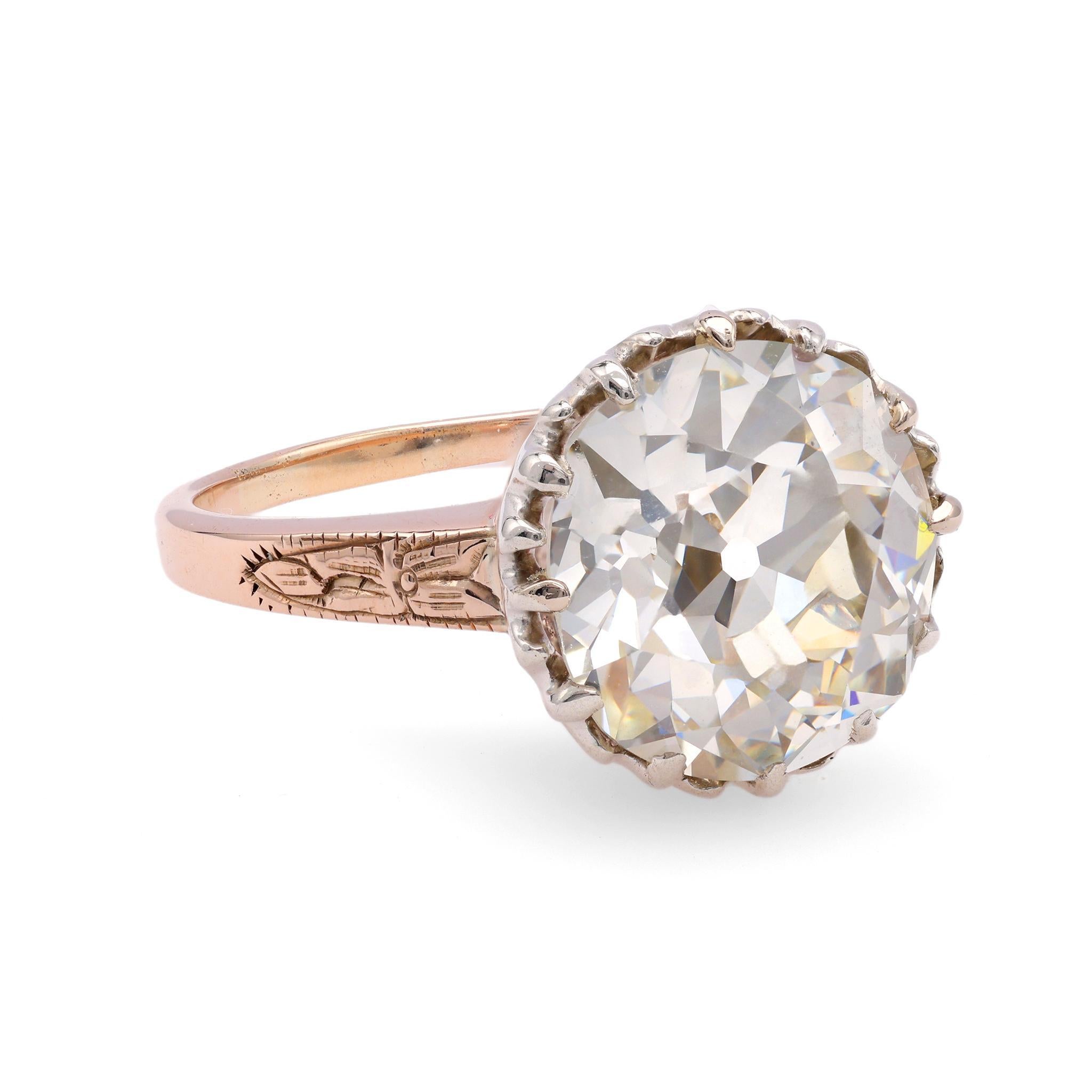 Antique GIA 4.32 Carat Cushion Brilliant Cut Diamond 9K Rose Gold Silver Ring In Excellent Condition For Sale In Beverly Hills, CA