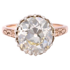 Antiker GIA 4,32 Karat Diamantring aus 9 Karat Roségold und Silber mit Brillantschliff im Kissenschliff