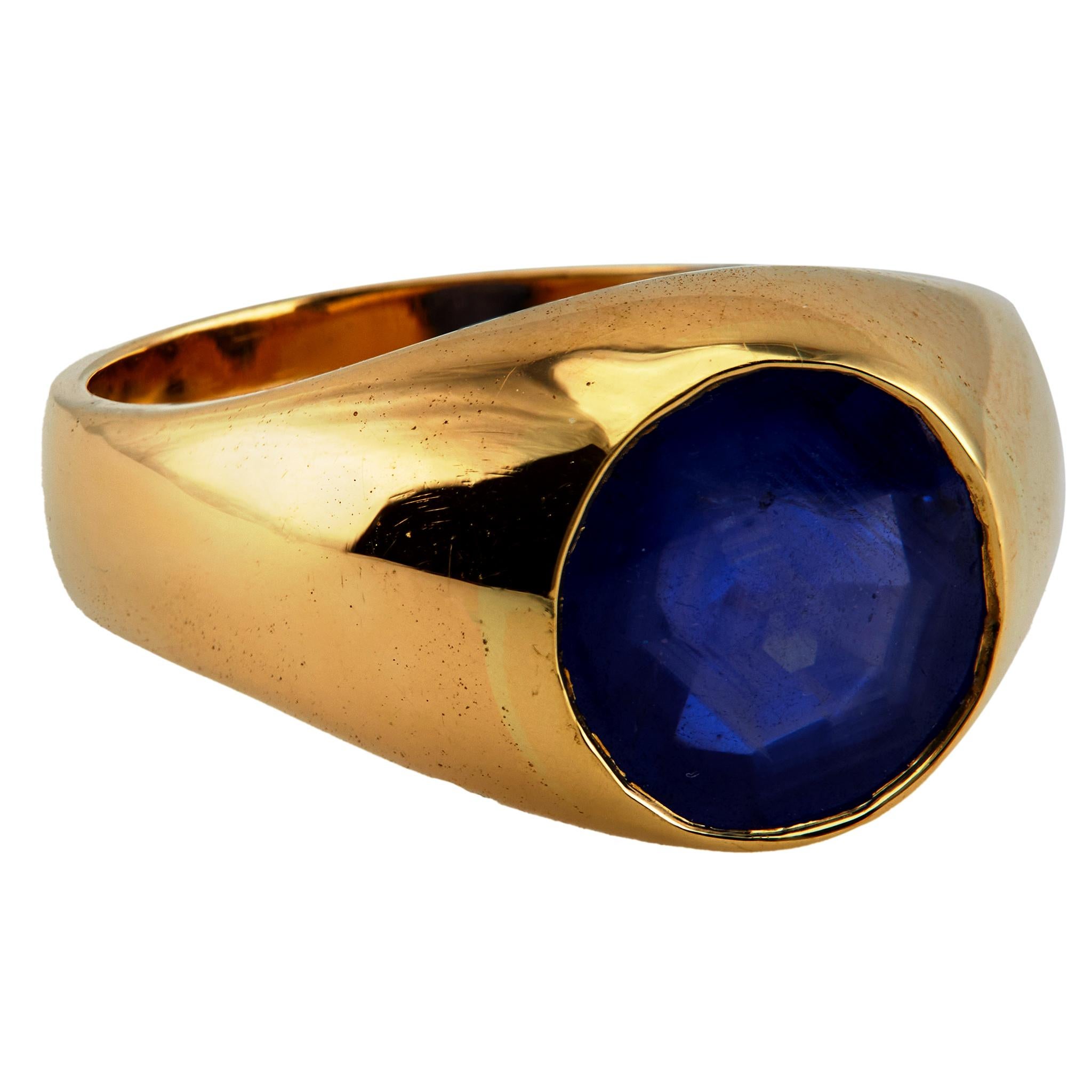 Antiker GIA 4,93 Karat Burma unbehandelter Saphir 18k Gold Lünette gefasster Solitär-Ring für Damen oder Herren