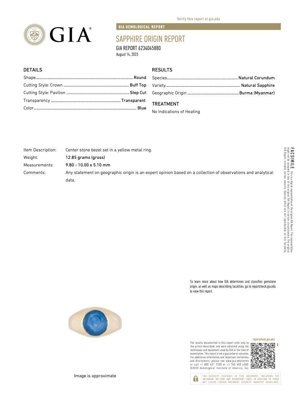 Antiker GIA 4,93 Karat Burma unbehandelter Saphir 18k Gold Lünette gefasster Solitär-Ring 1