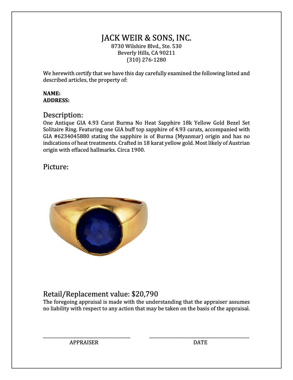 Antiker GIA 4,93 Karat Burma unbehandelter Saphir 18k Gold Lünette gefasster Solitär-Ring 2