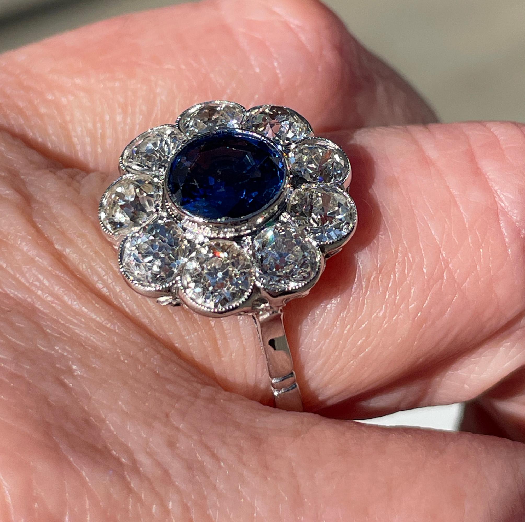 Antique GIA 5.20ctw Ceylon Sapphire Old European Diamond Cluster 18KWG Ring For Sale 5