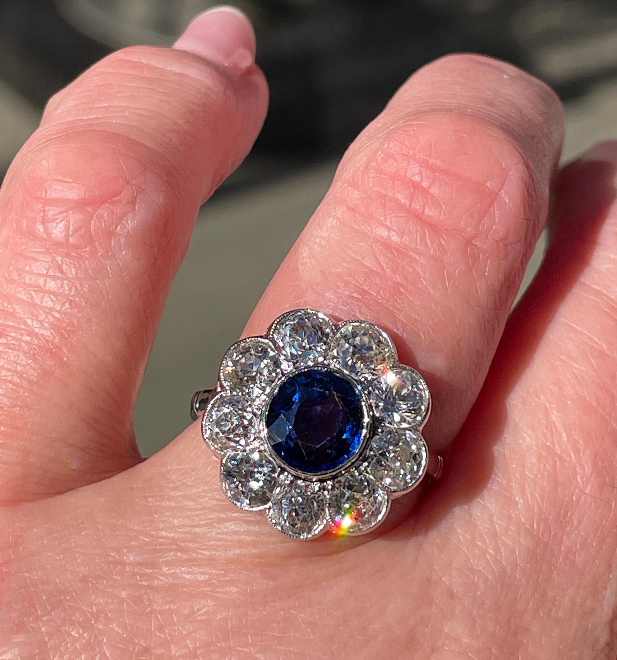 Antique GIA 5.20ctw Ceylon Sapphire Old European Diamond Cluster 18KWG Ring For Sale 8